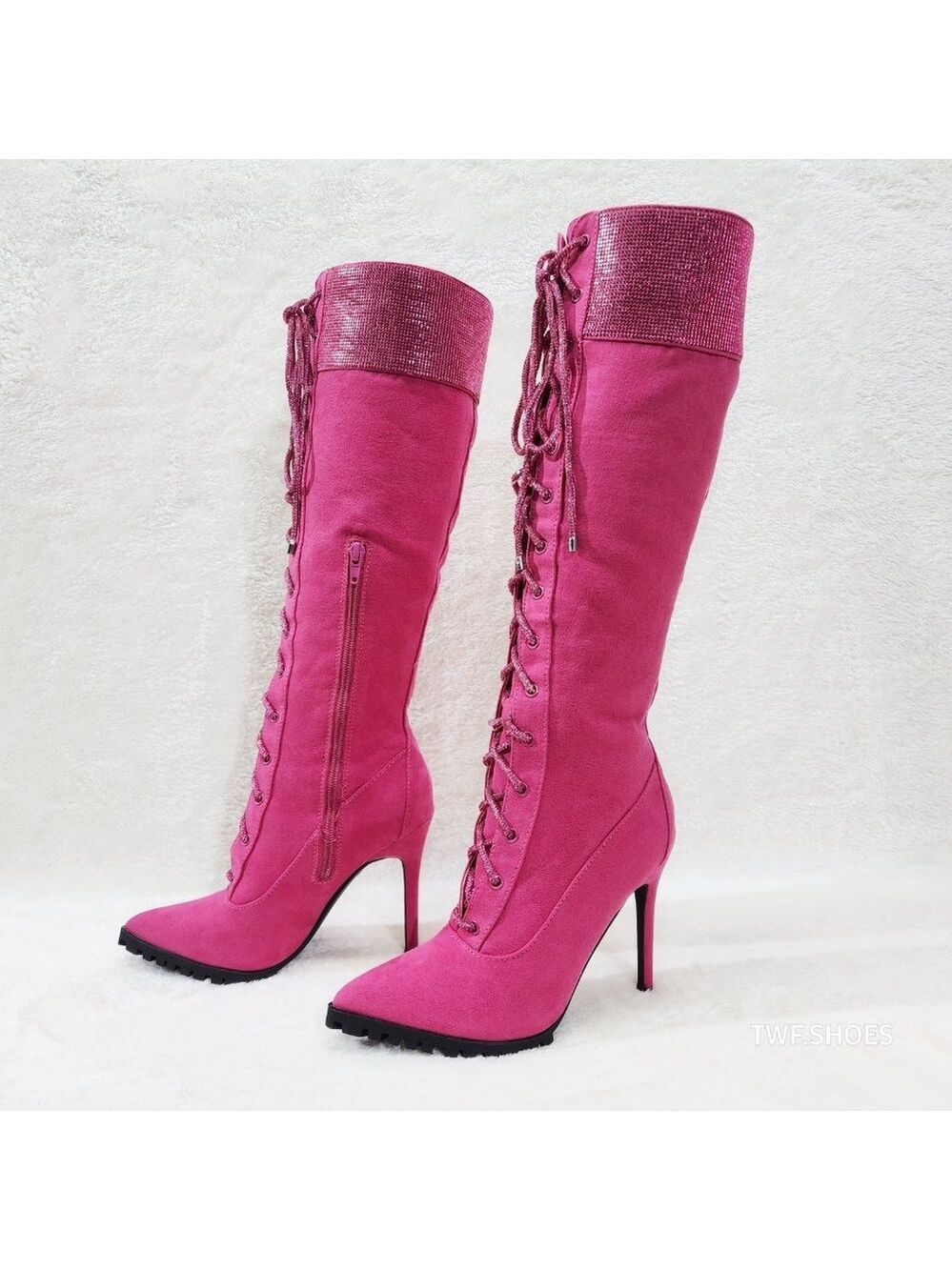 Queens FX Suede & Rhinestone Pointy Toe High Heels Stiletto Lace Up Knee Boots - Picture 11 of 14